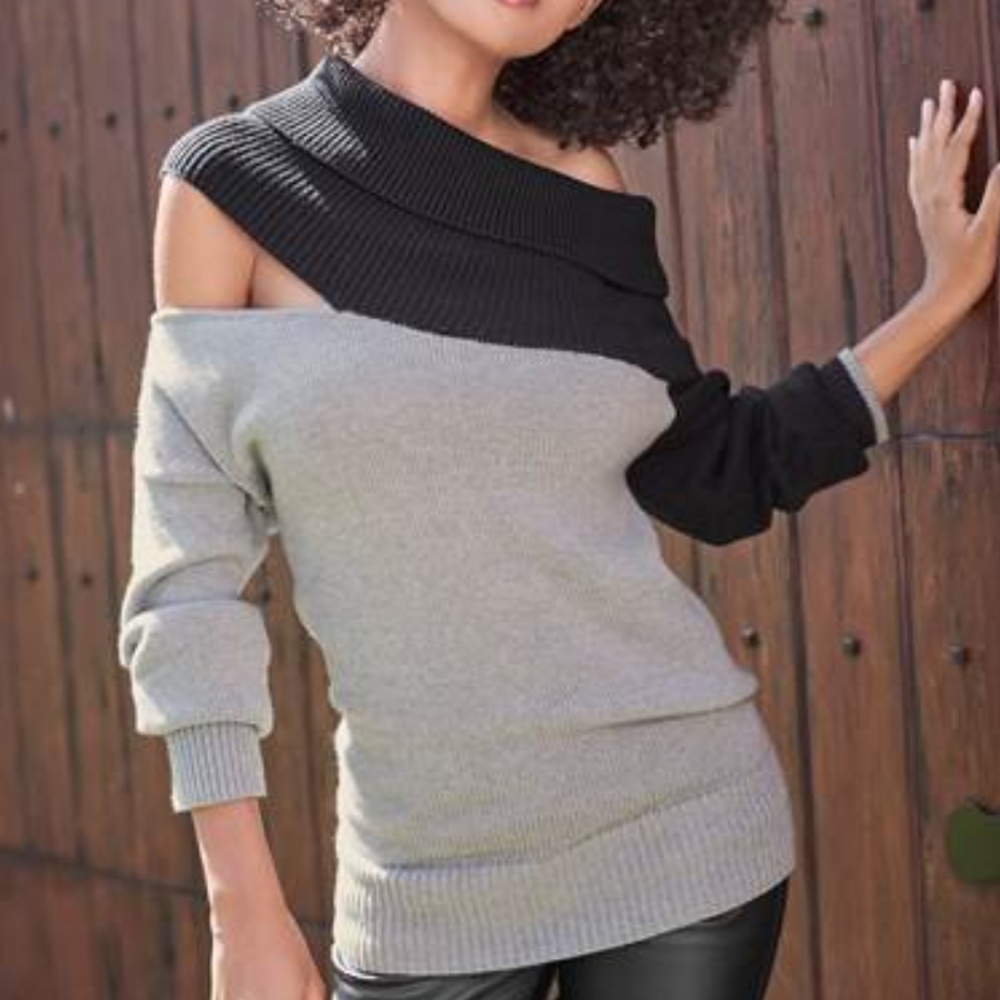 Women's Venus 1 Shoulder Sweater Gray & Black Sz. M